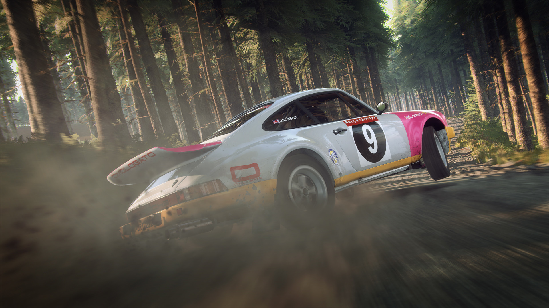 Dirt Rally 2.0 screenshot of a car driving over a bumby forest path.